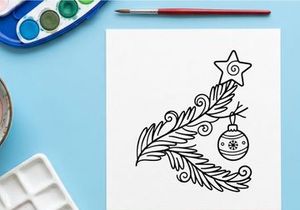 Ilustración de arte lineal de rama de árbol de Navidad con esfera colgante y estrella como ornamento