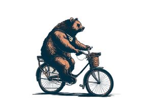 Vintage Bear riding a bike in floral countryside road, isolated in white background.