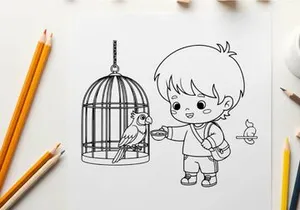 Boy feeding bird in cage flat design vector illustration