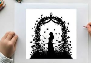 Silhouette of a woman standing in a floral archway with butterflies