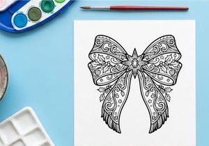 Christmas Bow Line Art Illustration, Decorative Holiday Ribbon Ornament for Coloring Page