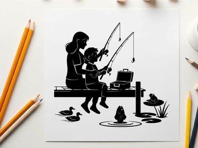Silhouette of woman and child fishing by serene lake