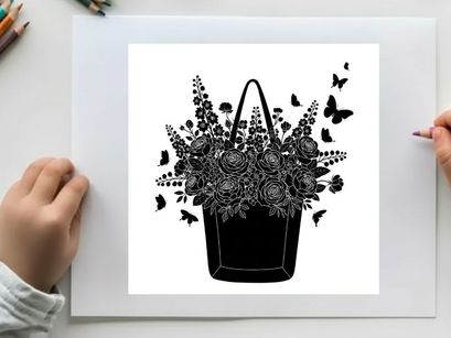 Silhouette of a floral handbag with butterflies and flowers