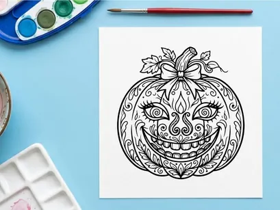 Halloween pumpkin coloring page. Decorative jack-o-lantern line art for autumn activities.