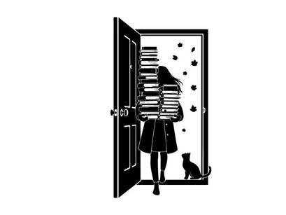 Silhouette of girl carrying books with cat in doorway silhouette
