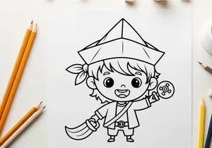 Cute samurai kid holding sword vector illustration