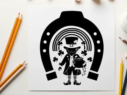 Leprechaun silhouette standing in horseshoe with rainbow and clovers