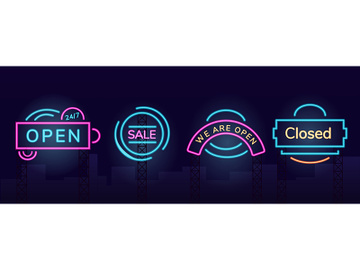 Storefront vector neon light board sign illustrations set preview picture