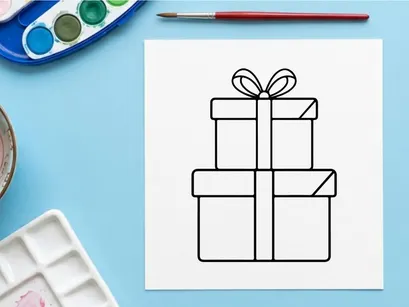 Minimalist line art illustration of stacked Christmas gift boxes with a decorative bow
