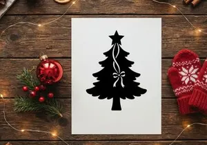 Black Christmas tree silhouette with star and ribbon bow isolated on white background