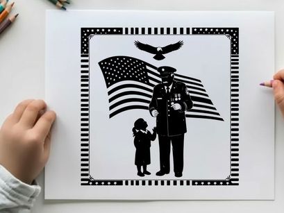 Patriotic silhouette of a police officer and child with american flag