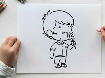Sad boy holding flower vector illustration flat design