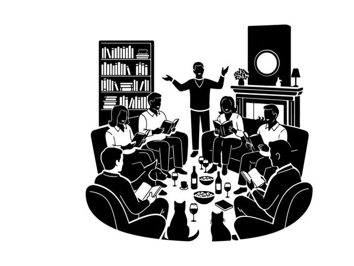 Silhouette of people gathered around a table with a speaker