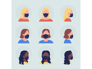Different women in mask semi flat color vector character avatar set preview picture