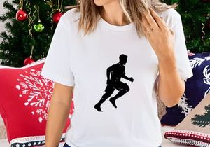 A silhouette of a man running in athletic wear on a white background