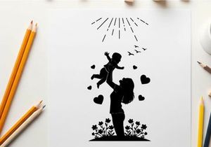 Silhouette of a woman holding baby with hearts and sun
