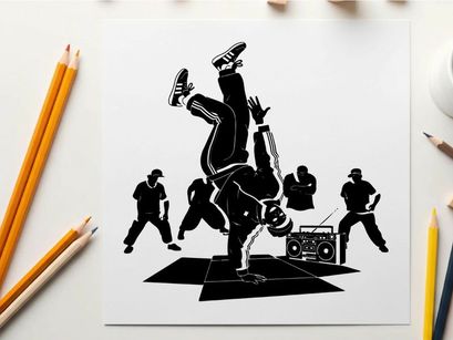 Breakdancing silhouette performance with boombox and crew