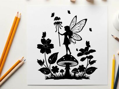 Whimsical silhouette of fairy on mushroom with flowers and butterflies