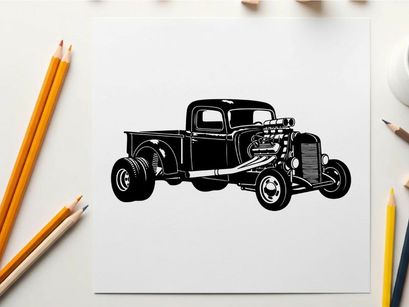Vintage pickup truck silhouette with chrome accents and large wheels