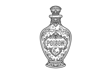 Vintage poison bottle illustration for warning labels and safety designs. Antique glass container with skull symbol for toxic hazard and chemical d...