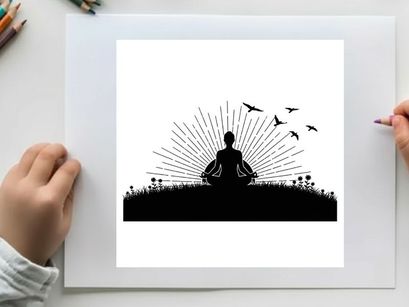 Serene silhouette of a person meditating in nature with birds flying by