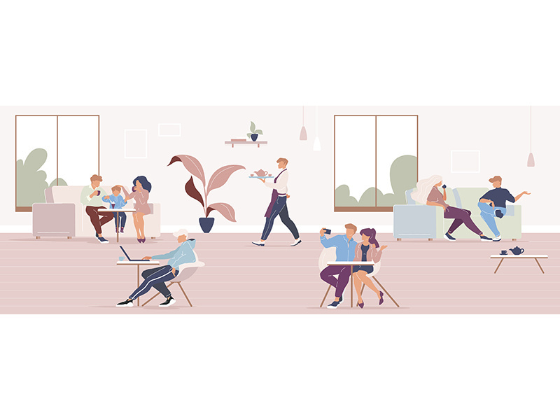 People in city cafe flat color vector illustration