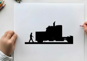 Silhouette of a man walking beside a large semi truck