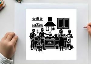 Family cooking together in kitchen silhouette