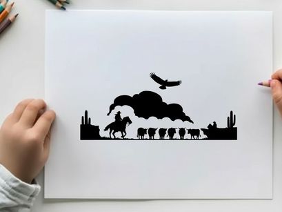 Western cowboy riding horse with sheep and eagle silhouette