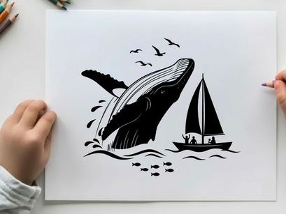 Whale silhouette jumping out of ocean beside sailboat silhouette