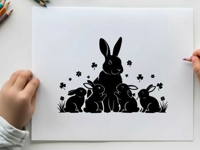 Silhouette of a large rabbit with three smaller bunnies