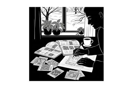 Silhouette of a person reading and writing by the window with plants