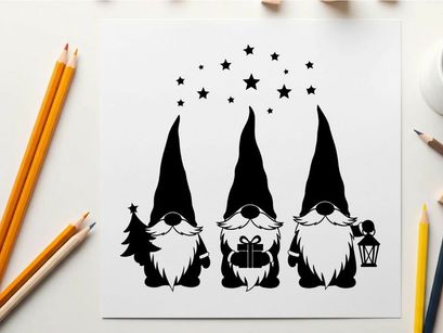 Three gnomes silhouette with christmas tree gift and lantern