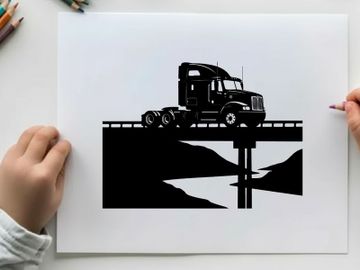 Silhouette of a semi truck on a bridge with mountains preview picture