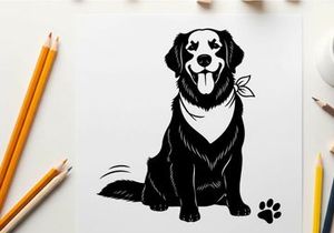 Silhouette of a smiling dog with bandana and paw