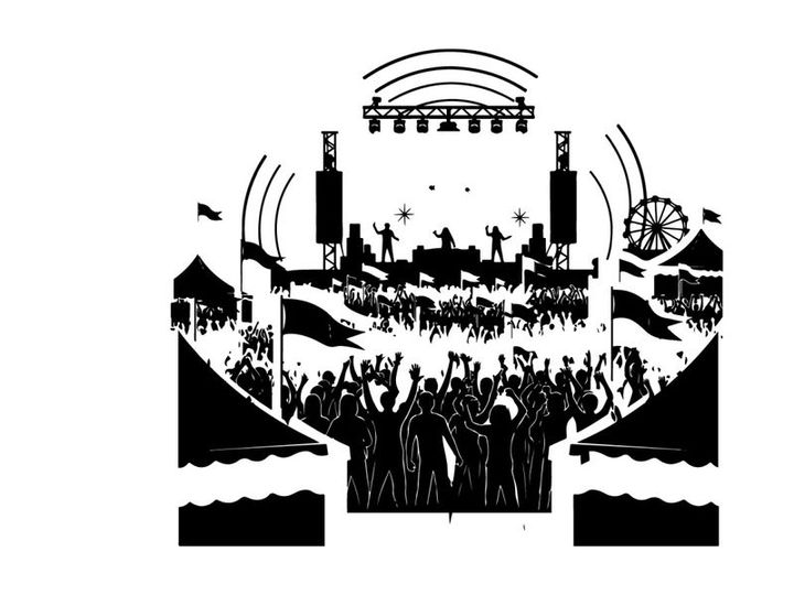 Concert silhouette with crowd and stage equipment