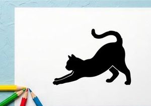 Silhouette of a stretching black cat on white background