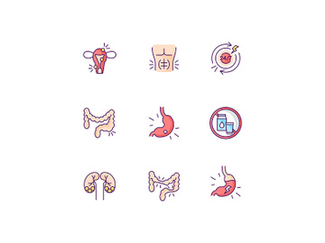 Abdominal pain RGB color icons set preview picture