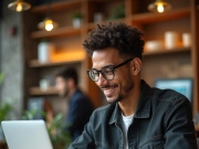 A young freelancer works on a laptop in a coffee shop.