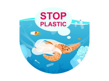 Turtle in ocean with plastic waste flat concept icon preview picture