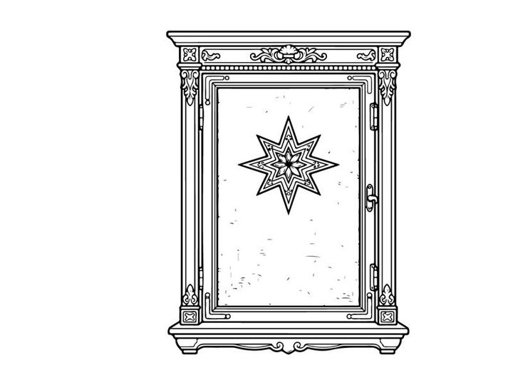 Christmas star inside a vintage wooden cabinet frame with ornate decorative details