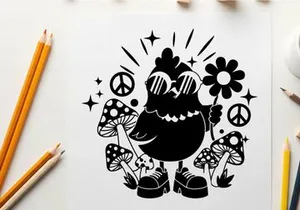 Groovy silhouette bird wearing sunglasses with flowers and mushrooms