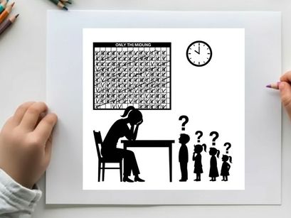 Silhouette of a woman struggling with a crossword puzzle and children