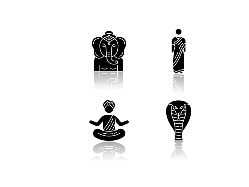 Indian culture drop shadow black glyph icons set