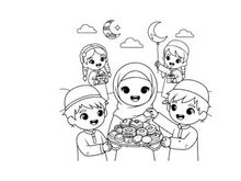 Muslim children iftar meal Ramadan celebration flat design vector illustration