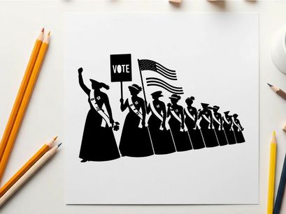Silhouette of women marching for voting rights in america