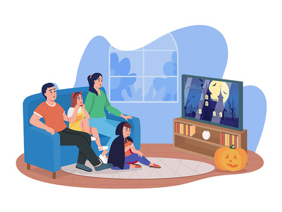 Watching scary movies 2D vector isolated illustrations set