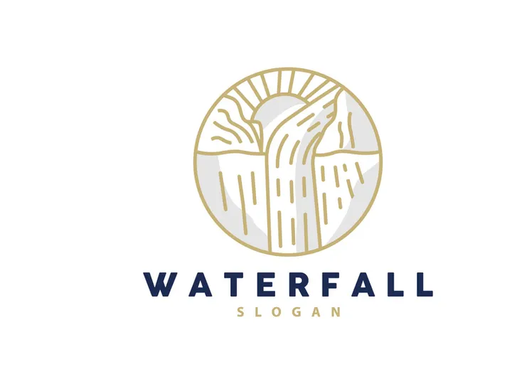 Waterfall Logo, River Mountain Forest Exploring Design Illustration