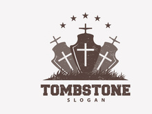 Tombstone Logo, Tomb Cemetery Cross, Vector Vintage Label, Retro Badge, Inspirational Design
