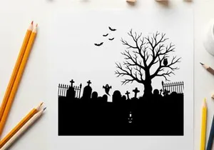 Spooky silhouette of a graveyard with a bare tree and flying birds